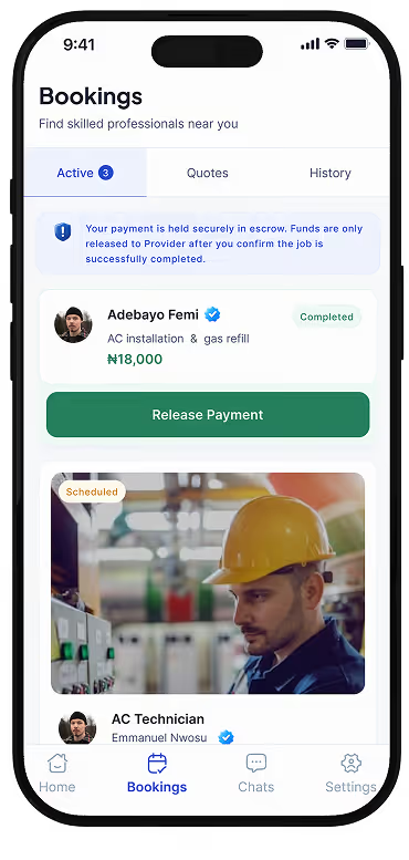 Mobile app screen showing active bookings with professionals for AC installation and gas refill services.